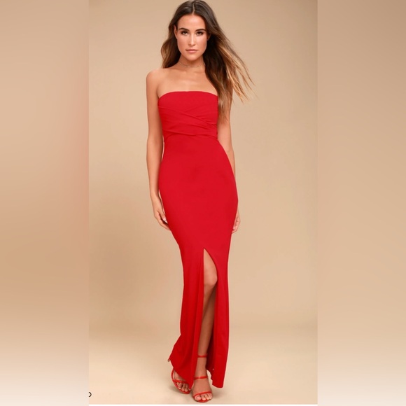 Lulu’s Classy Red Strapless Form Fitted Maxi Dress - Picture 1 of 10